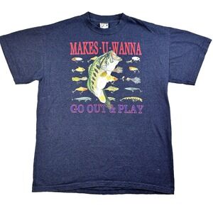 Vtg Mens Makes You Wanna Go Out And Play T Shirt Blue Size L King Cotton Fish